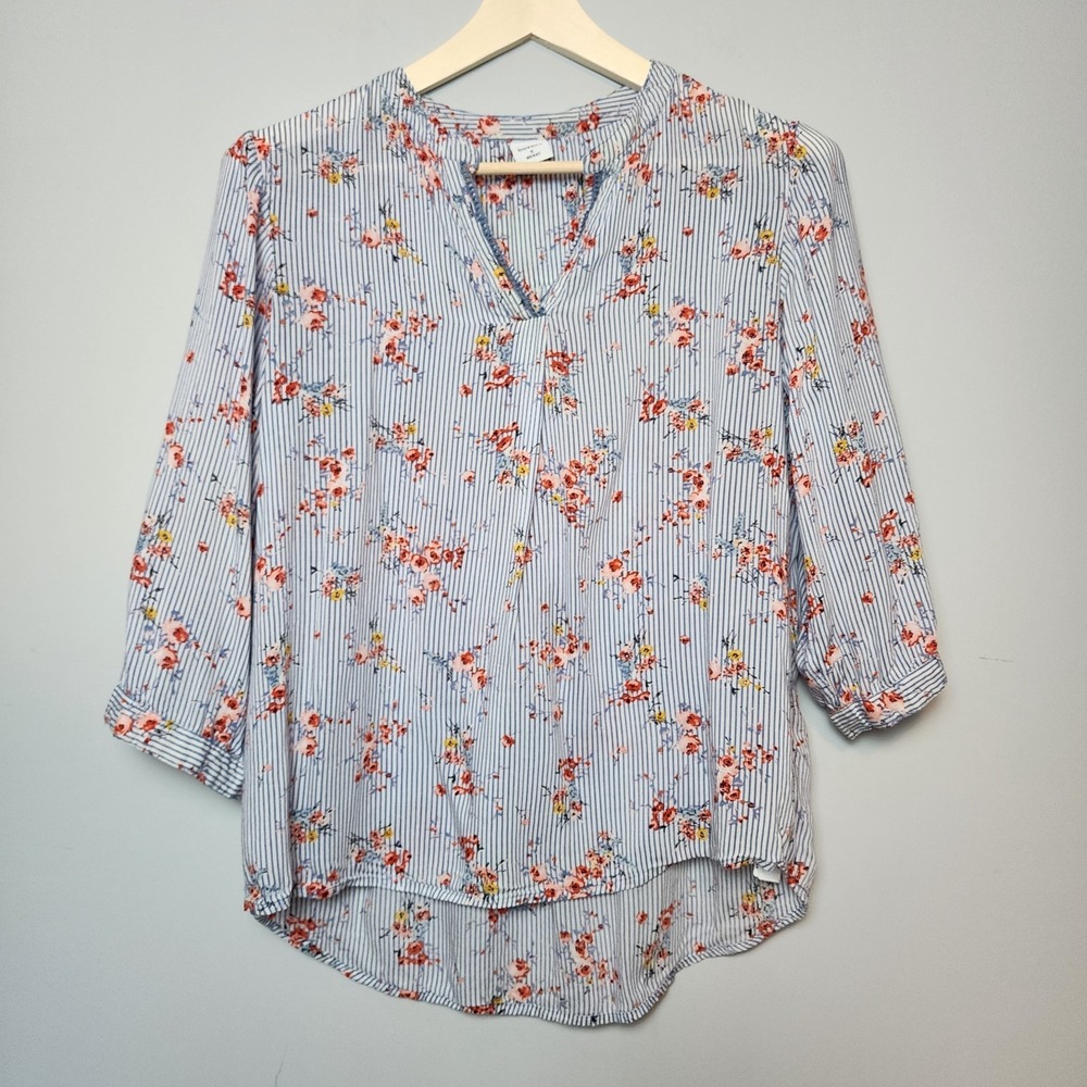 Bossini Floral 3/4 Sleeve with Blue & White Vertical Stripes Blouse Small